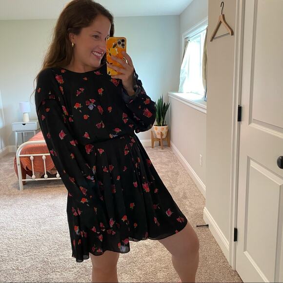 JASON WU Black Rose Floral Long Sleeve Mini Dress 10 - Picture 5 of 15